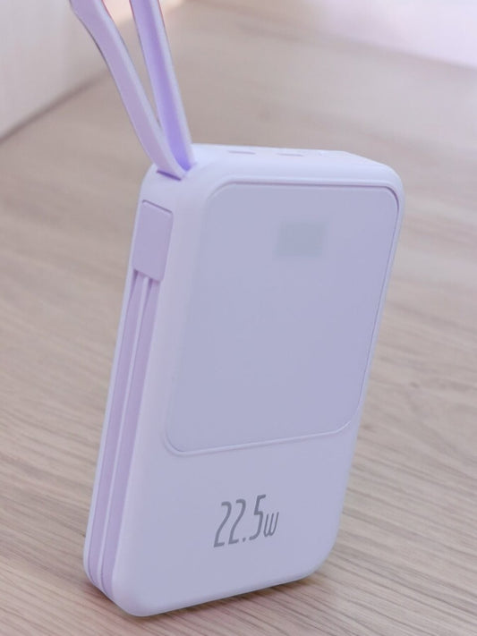 purple Wireless Charger Power Bank with 10,000mAh capacity and LED display. Charges devices wirelessly or with cables.